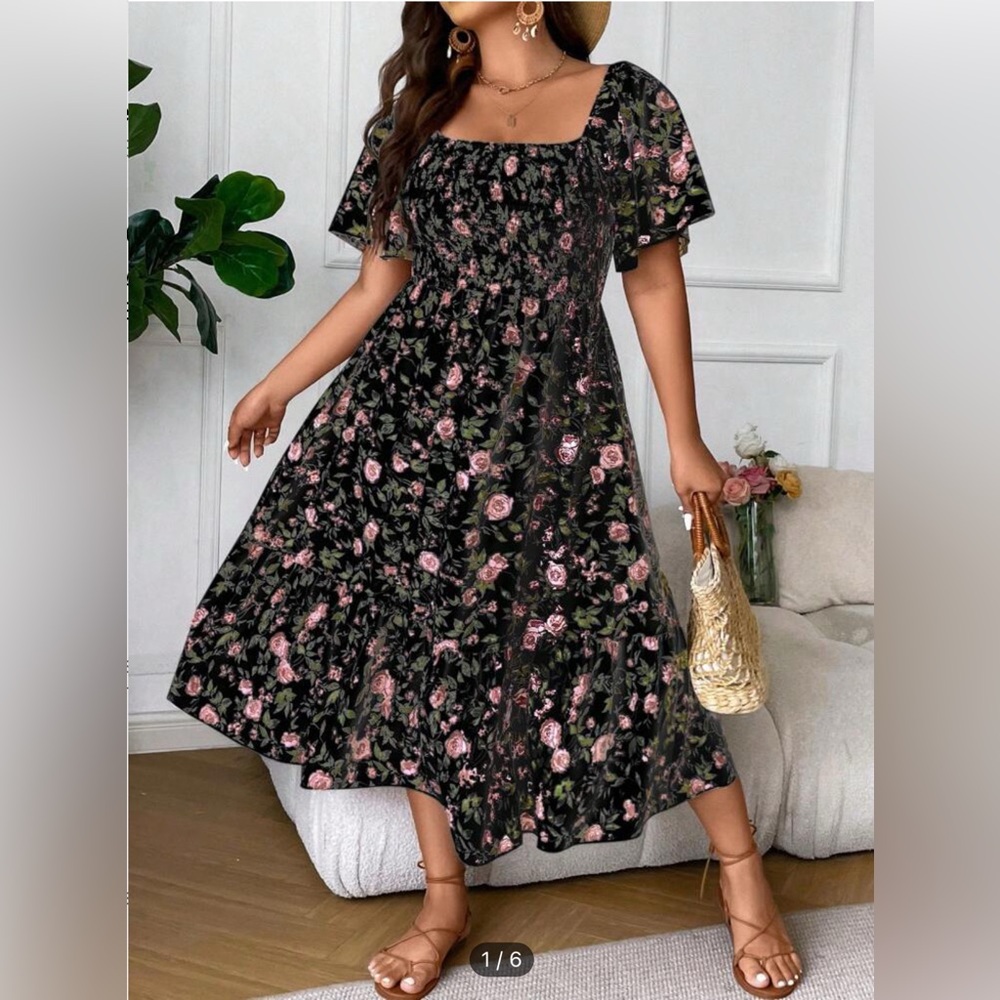 Floral Smocked Midi Dress in Black and Pink - Roses